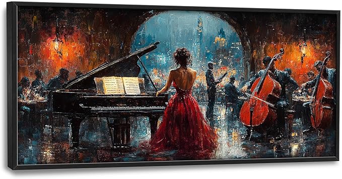 Music Piano Large Wall Art Cello Performance Pictures Wall Decor Musician Canvas Hotel Print Painting Modern Artwork Home Decoration for Dining Living Room Bathroom Bedroom Office Framed 60"x30"