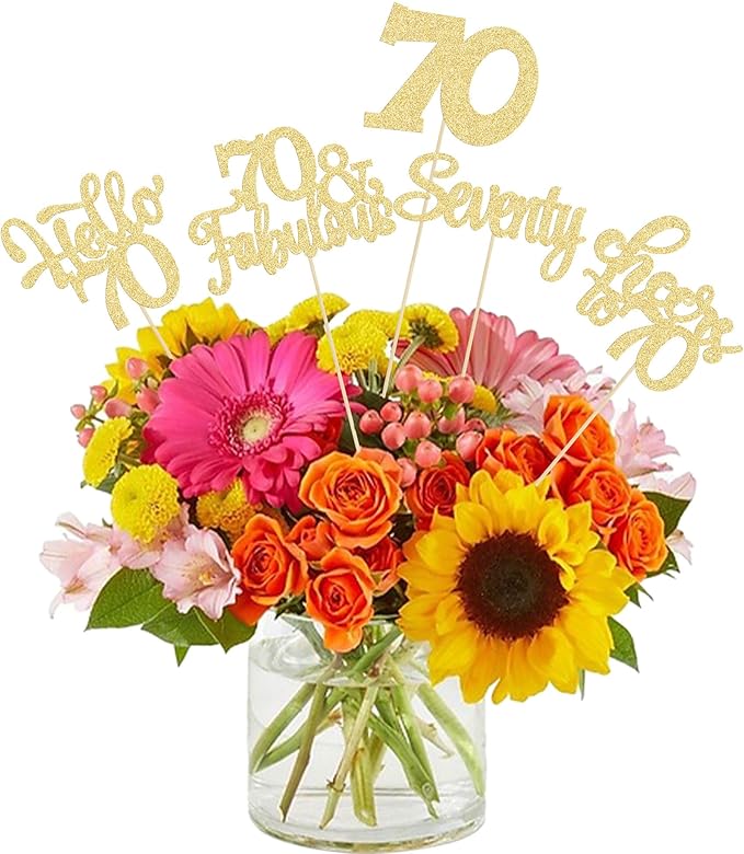 Gyufise 15Pcs 70th Birthday Centerpiece Sticks Seventy Happy 70th Table Flower Centerpieces Sticks Cheers to 70 Floral Decorations for 70th Birthday Party Centerpieces Supplies Gold