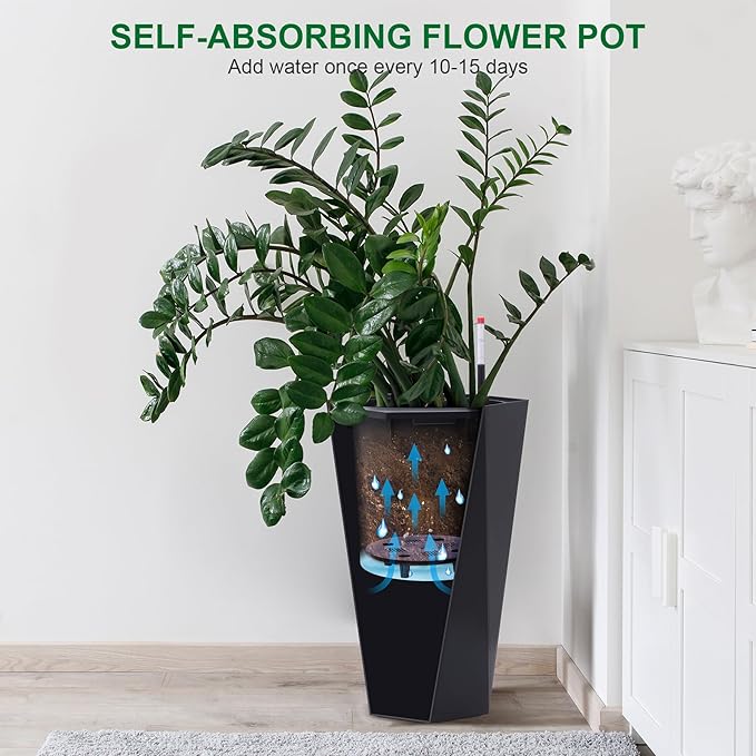 22.4 Inch Tall Planters for Outdoor Indoor Plants Set of 2, Tapered Large Flower Pots with 2 Trays and a Water Level Monitor with Wheels Planter Pots, Plant Pot for Patio, Balcony, Lounge