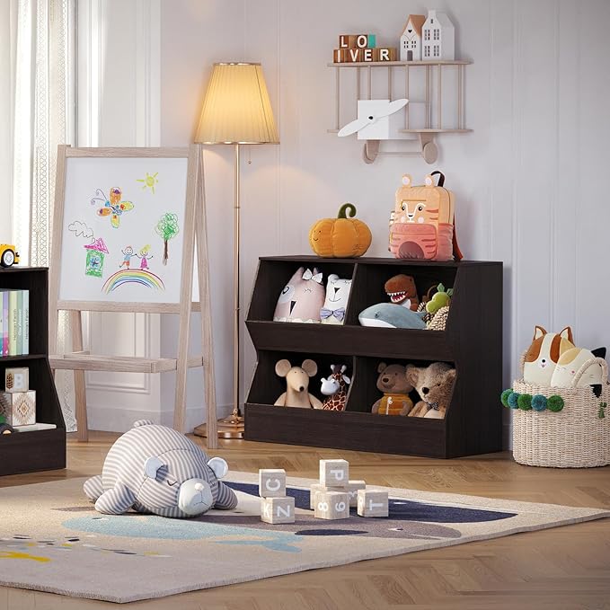 DINZI LVJ Kids Bookshelf, Toy Storage Organizer, Wooden Toy Storage Cabinet, 4 Cubby Children Bookcase, 39.4" L Toddler Book Shelf for Bedroom, Nursery, Hallway, School, Espresso