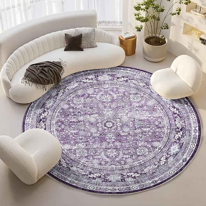 OPPODREAM Vintage Purple Round Rug 8ft, 8 ft Retro Washable Circle Rug Non Slip, Low-Pile Faux Wool Circular Carpet, Distressed Floor Mat for Living Room, Bedroom, Office, Dorm, Dinning Room