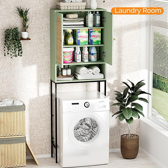 VINGLI Over The Toilet Storage Cabinet, Sage Green Bathroom Organizer Over Toilet with Arched Rattan Doors, Freestanding Space Saver Rack with Adjustable Shelf for Restroom Laundry, Modern Boho