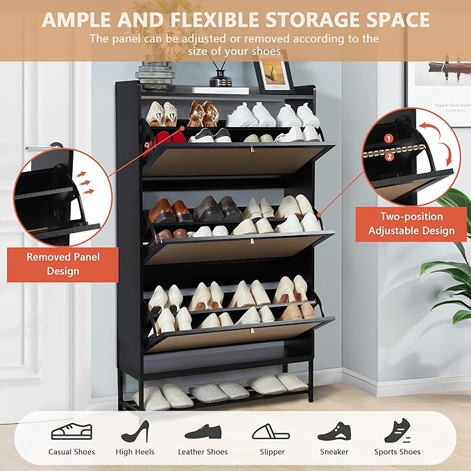 LEVNARY Shoe Storage Cabinet with 3 Flip Drawers, Freestanding Shoe Cabinet Storage Organizer for Entryway, Wooden Narrow Shoe Racks Cabinet with Metal Legs for Hallway (Black)