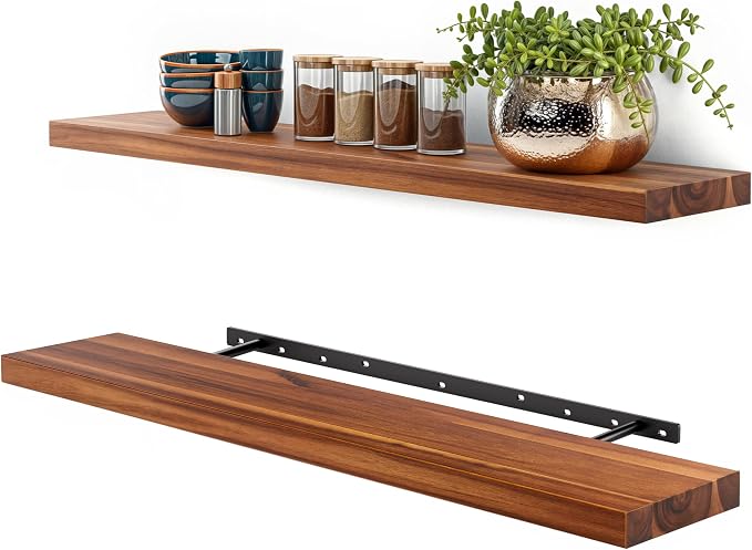 BATODA Set of 2 36" Wood Floating Shelves Wall Mounted – Rustic Farmhouse Wooden Wall Storage Shelf for Bedroom, Kitchen, Home Décor - Brackets and Shelving Hardware Included (Acacia, 36inch)