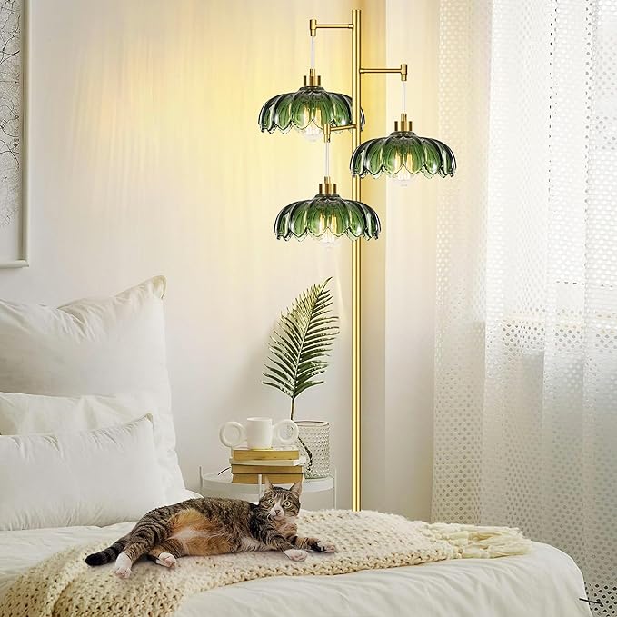 QIYIZM Glass Floor Lamp for Living Room,Bedroom,Mid Century Modern Standing Lamp Brass Tree 3 Light Tall Floor Lamps Vintage Retro Floor Lights Gold Green Flower Lamp Shade Farmhouse Boho Bohemian