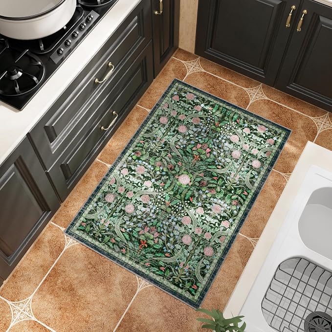 AMTOVO 2x3 Washable Entryway Area Rug Door Mat, Vintage Boho Floral Distressed Print Non-Slip Carpet, Small Throw Rug for Indoor Entrance Kitchen Bedroom Bathroom Laundry Floor, Dark Green