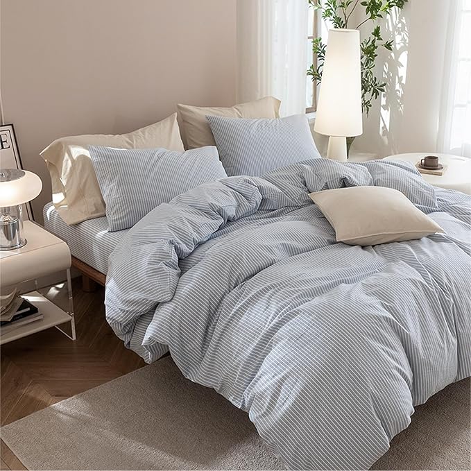 JIYUAN 100% Washed Cotton Striped Duvet Cover Set 3 Pieces King, 1 Duvet Cover and 2 Pillowcases(Comforter Not Included),Linen Like Comfy and Breathable,Pinstripes - Heathered Cornflower Blue White