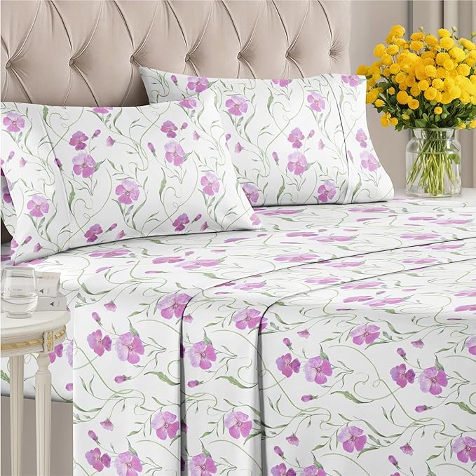 Floral Sheets - Pink Floral Bed Sheet Set - 1 Flat, 1 Fitted & 2 Pillowcases w/ Deep Pockets - Comfy, Wrinkle & Fade Free - Boho Botanical Bedding - Ultra-Soft, Breathable & Cooling - Queen Size Set