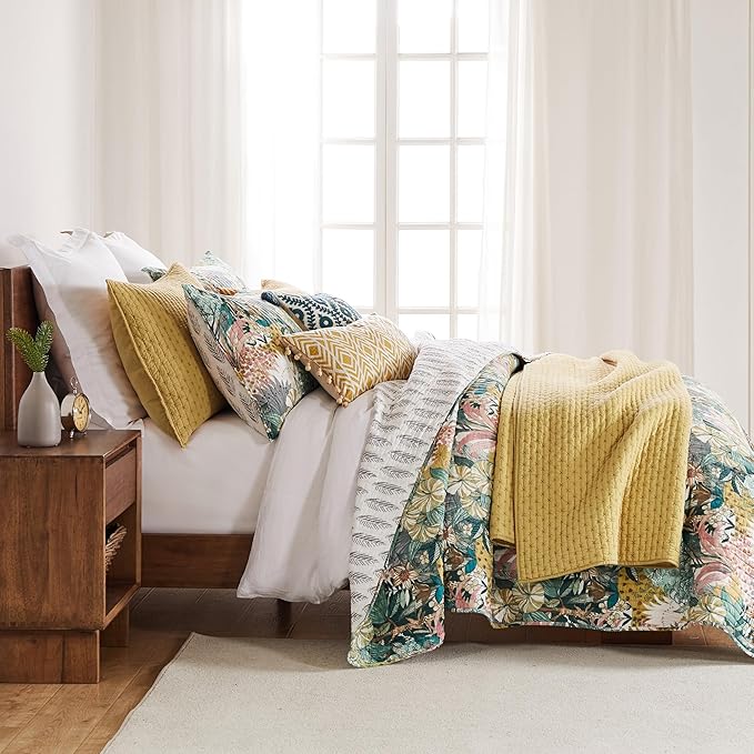 Levtex Home Cross Stitch Reversible King/Cal King Quilt Set (106x92in) with 2 Pillow Shams (36x20in) - Stitch Texture - Ochre - Cotton King Size Quilt Bedding Set - Lightweight, Soft, Pre-Washed