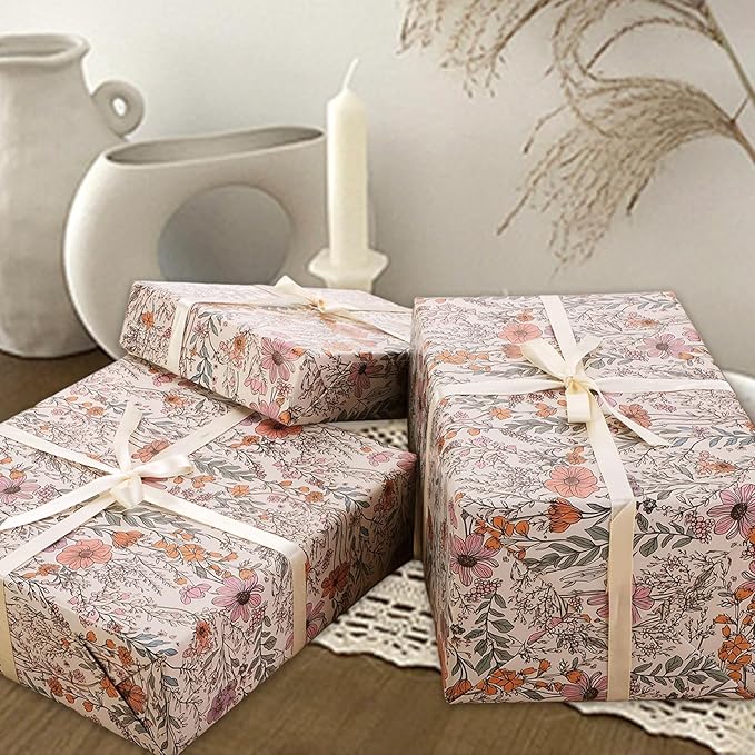 8 Sheets Vintage Wildflower Wrapping Paper - 19.7” x 27.6” Spring Floral Gift Wrap Paper for Girls, Women Birthdays, Baby Showers, Bridal Showers, Weddings, Valentine’s Day Party Celebrations