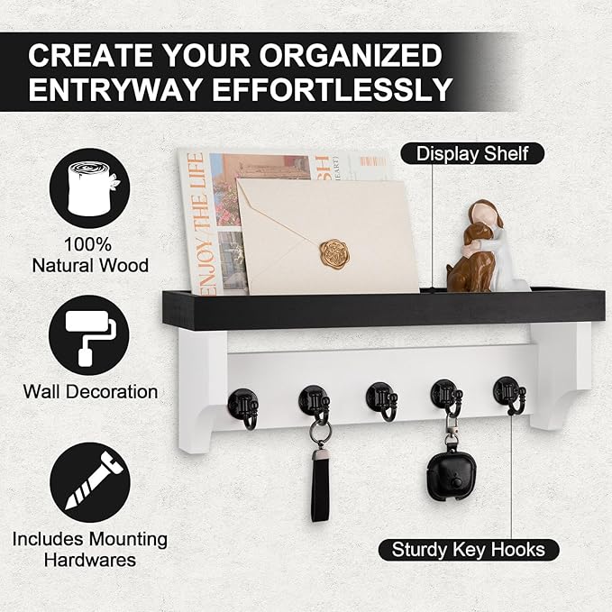 Lucundm Key and Mail Holder Wall Mount, Key Holder with Shelf and Mail Organizer Wall Mount. Mail Holder with 5 Hooks for Coat, Dog Leash, Home Decor Rack, Entry Way Organizer (Black & White)