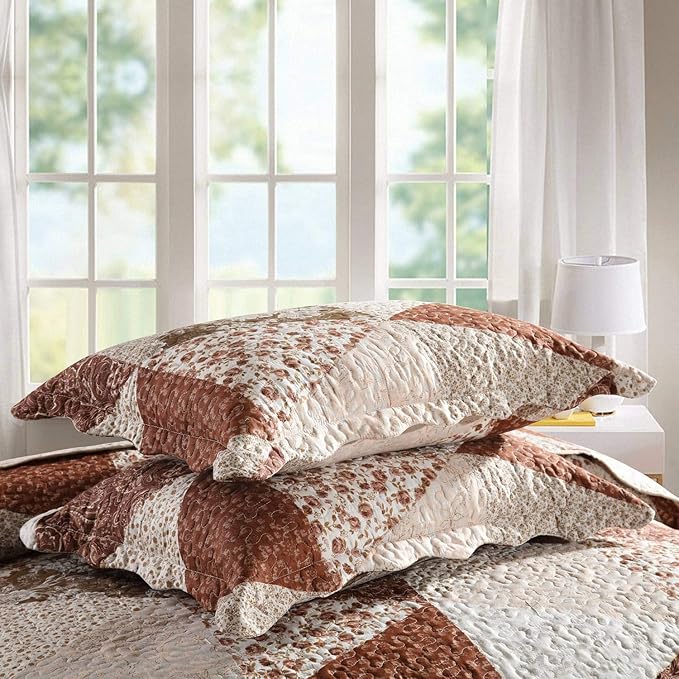 HoneiLife Quilt Set King Size - 3 Piece Microfiber Quilts Reversible Bedspreads Patchwork Coverlets Floral Bedding Set All Season Quilts with Triangle and Floral Print Pattern