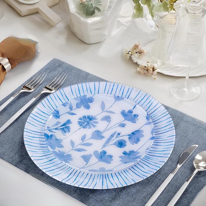 U-QE 50Pcs Blue Plastic Plates - Botanical Stripes Plates Disposable Heavy Duty, Fancy Floral Pattern Perfect for Weddings, Tea Parties, Holidays - 10.25" Dinner & 7.5" Dessert Plastic Plate
