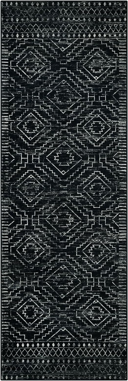 Wonnitar Washable Kitchen Runner Rug 2x6, Moroccan Black Runners for Hallway, Non Slip Bohemian Soft Bathroom Throw Mat Geometric Carpet Runner for Laundry Entryway Bedroom (Black,2'x6')