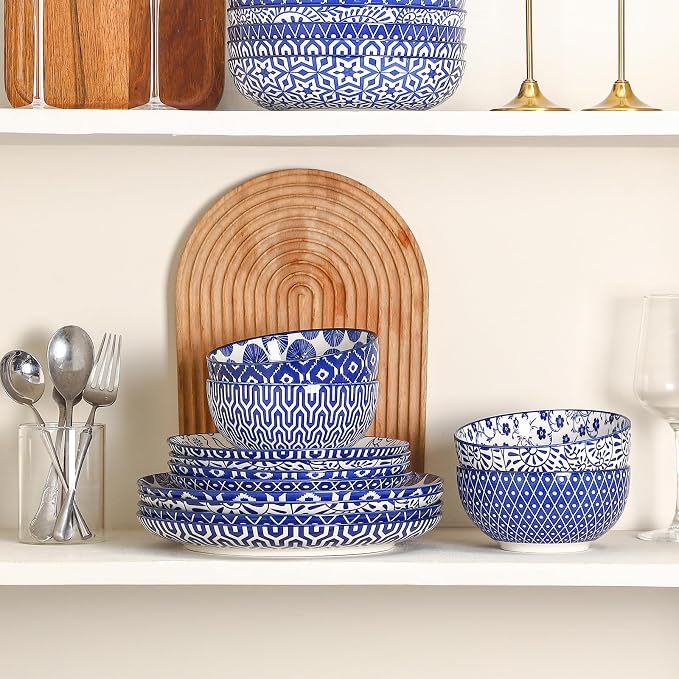 Selamica Ceramic Plates and Bowls Sets,12 Pieces Dinnerware Sets for 4,Scratch Resistant Dish Set,Dishwasher & Microwave Safe, Vintage Blue