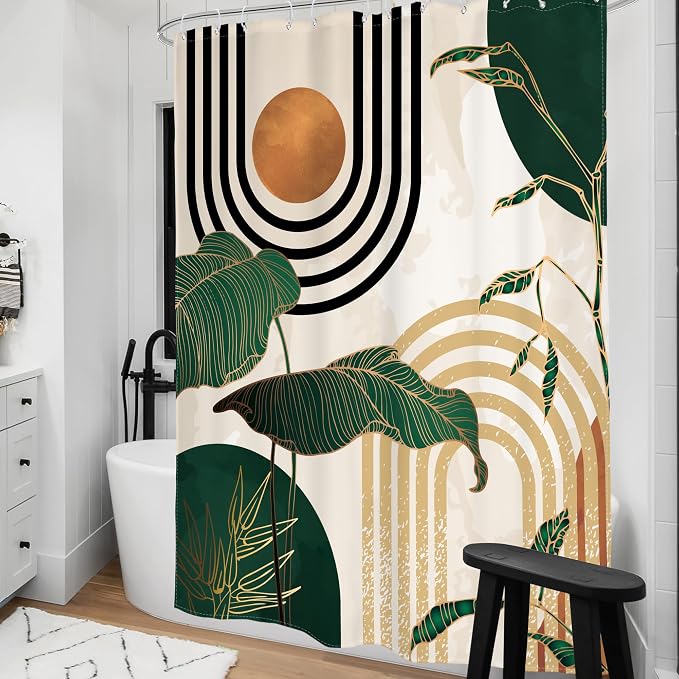 Glawry Boho Green Shower Curtain 54Wx78L Inches Stand Up Stall Mid Century Abstract Tropical Palm Leaf Modern Minimalist Plant Botanical Bathroom Bath Accessories Art Home Decor Fabric 12 Pack Hooks