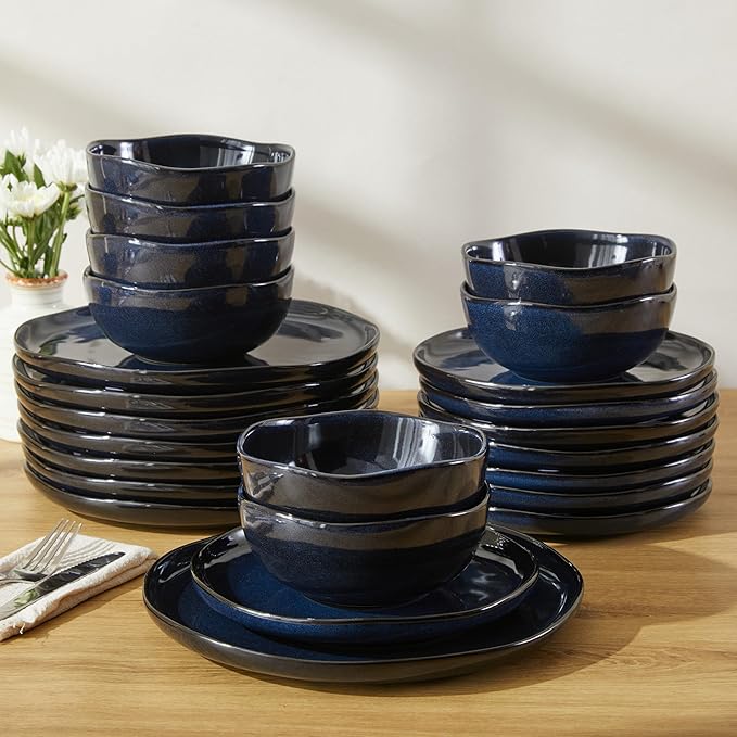 Pokini 24 Piece Ceramic Dinnerware Sets for 8, Starry Blue Reactive Glaze | Unique Coastal Edge for Holiday Gatherings, Thanksgiving, Dinner Parties | Microwave & Dishwasher Safe Stoneware Dish Set