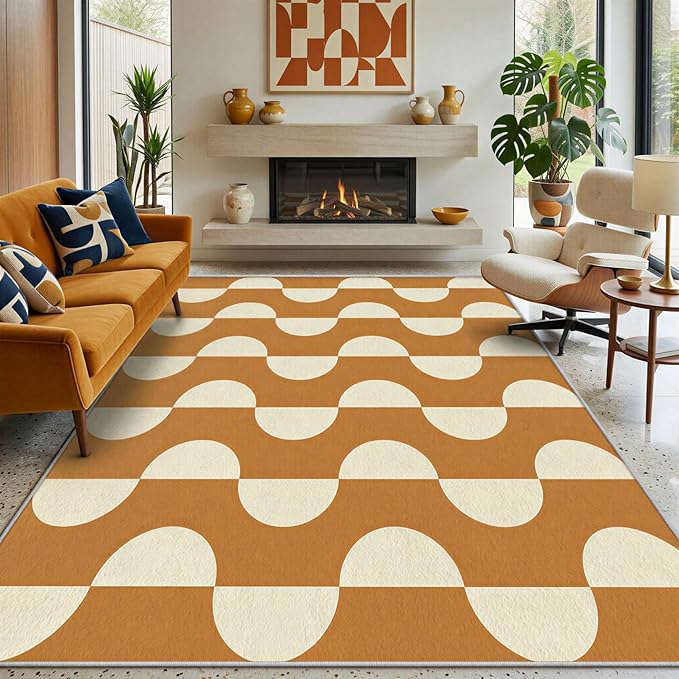 Caramel Dot Wave Area Rug 7 x 10 ft, Mid-Century Modern Geometric Rug, Brown Cream Abstract Washable Rug, Soft Low Pile Non-Slip Carpet for Living Room Bedroom Dining Room