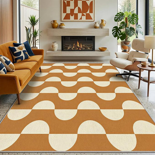 Caramel Dot Wave Area Rug 4 x 5 ft, Mid-Century Modern Geometric Rug, Brown Cream Abstract Washable Rug, Soft Low Pile Non-Slip Carpet for Living Room Bedroom Dining Room