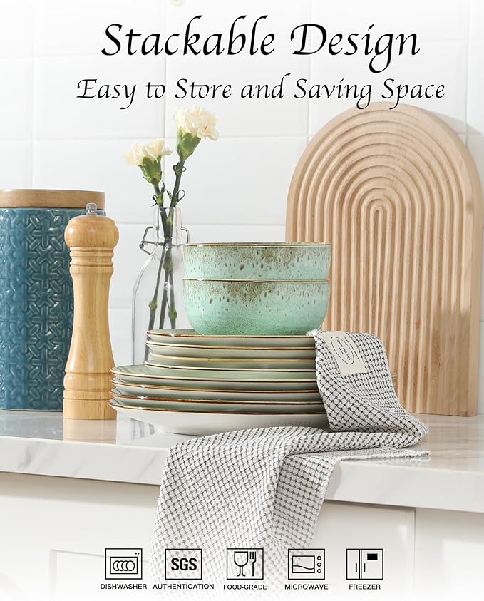Sweejar 24 Piece Dinnerware Sets for 8, Porcelain Plates and Bowls Set for Kitchen, Housewaring Gift, Chip and Scratch Resistant, Easy Cleaning Dishes Set, Stack Compactly Dishware, Green