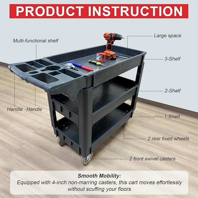 600 lbs Heavy Duty Rolling Utility Service Cart with Wheels, 3-Tier HDPE Deep Shelves, 5" Caster Wheels for Warehouse/Garage/Restaurants/Offices (SC3500)