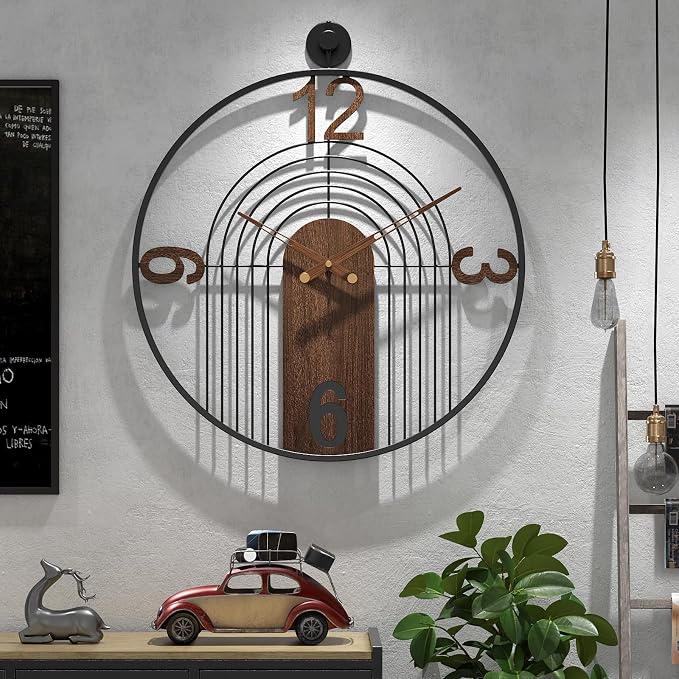 Modern Large Walnut Dial Wall Clock, Wood Metal Frame Silent Non Ticking Wall Clocks Decoration for Living Room, Bedroom, Kitchen, Study, Handmade Home Decor Present Idea, 29.5 Inch