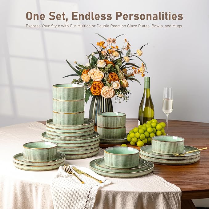 GBHOME 12-Piece Stoneware Dinnerware Set for 4 – Ribbed Ceramic Plates and Bowls, Scratch-Resistant, Microwave & Dishwasher Safe, Reactive Glaze, Pastel Green
