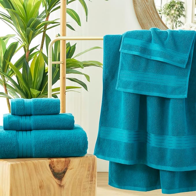 COZYART Luxury Crystal Teal/Peacock Blue Bath Towels Set, Cotton Hotel Large Towels for Bathroom, Thick Bathroom Set of 3 with 1 Bath Towel, 1 Hand Towel, 1 Washcloth, 650 GSM