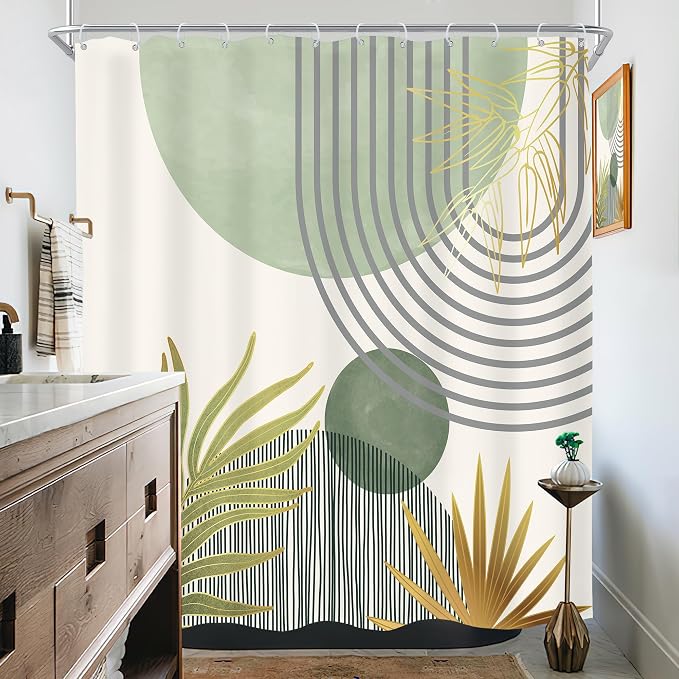 KOMLLEX Mid Century Mint Green Boho Shower Curtain 72Wx72L Inches Abstract Modern Shower Curtains for Bathroom Decor Plant Botanical Minimalist Arch Sun Fabric Liner Waterproof Polyester 12 Pack Hooks