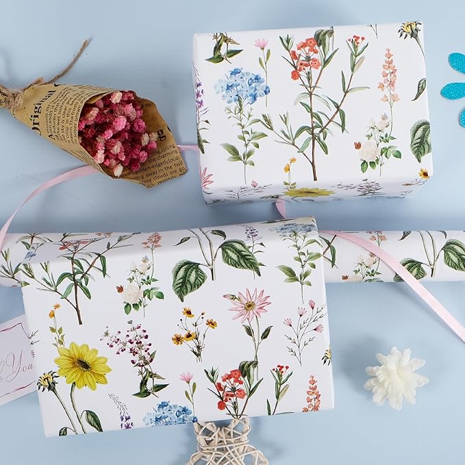 RayofSun Floral Wrapping Paper Roll 17 in x 32 ft Mini Roll Yellow Flower Wildflowers Plants Gift Wrap Paper for All Occasion Wedding Birthday Bridal Shower Party Baby Shower Christmas