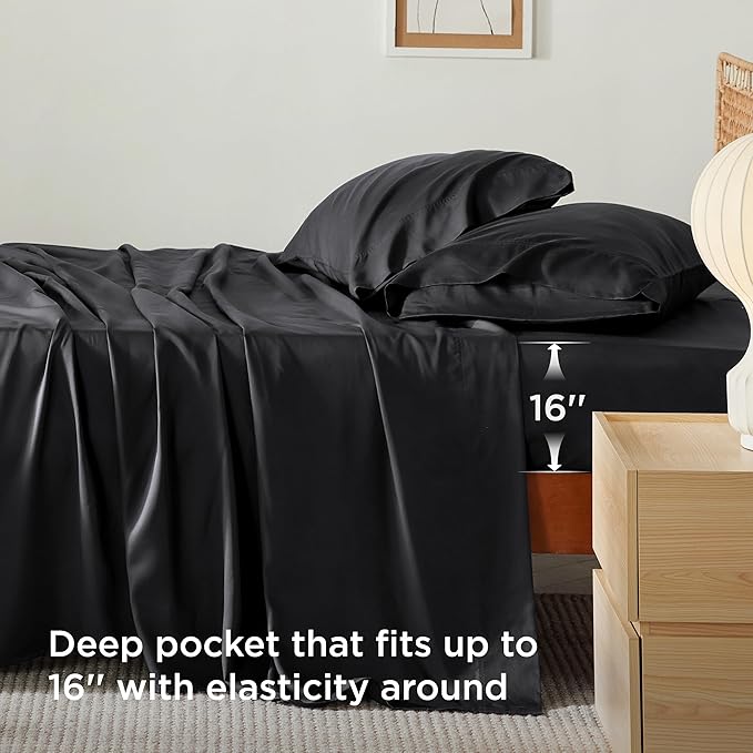 Bedsure California King Sheet Sets, Cooling Sheets for Hot Sleepers, Rayon Derived from Bamboo, Breathable & Soft, Deep Pocket Up to 16 Inches, Hotel Luxury Silky Bedding, Black