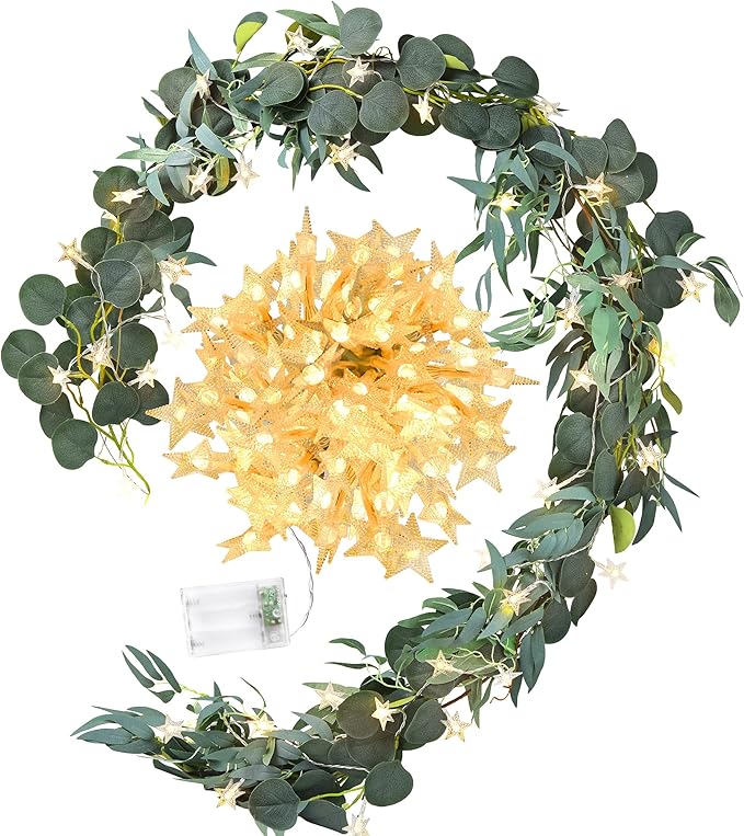 FiveSeasonStuff Woodland Whispers: Rustic Willow and Eucalyptus Garlands with 33 Feet 80 LED Star String Lights (USB)
