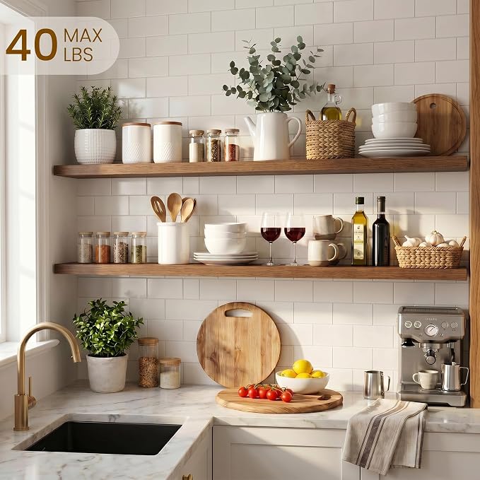 Dreamland Floating Shelves for Wall, Rustic Walnut Floating Shelves for Bathroom|Bedroom|Kitchen, Deep Wall Mounted Book Shelf, Wood Storage Display Shelf for Home Decor, Set of 2