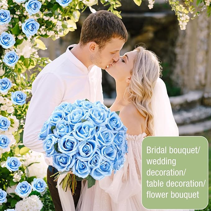 30 Pcs Rose Artificial Flowers in Bulk Real Touch Long Stem Silk Roses Bouquets Realistic Faux Flowers for Wedding Bridal Shower Home Decor Floral Arrangements Table Centerpiece(Light Blue)