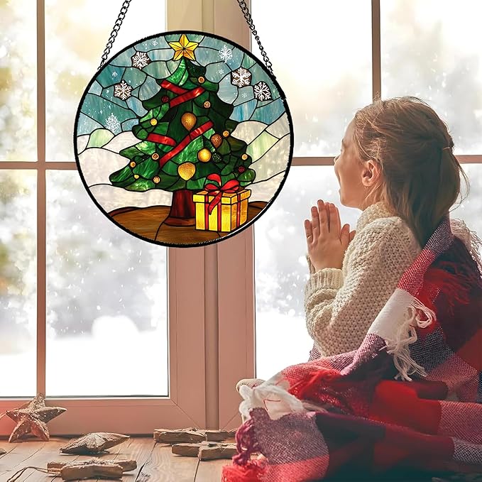 Stained Glass Window Hanging Green Christmas Tree Snowflake Large 11.8" - Suncatcher Door Garden Sun Catcher Xmas Holiday Decor Birthday for Mom Men Woman Friend Nana
