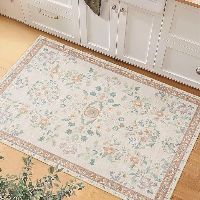 MUJOO Boho Small Rug Washable,2x3 Area Rugs for Entryway,Floral Front Door Mat Indoor Entrance Entry Way,Boho Kitchen Bathroom Floor Rug Throw Carpet Non Slip Low Pile Vintage Beige