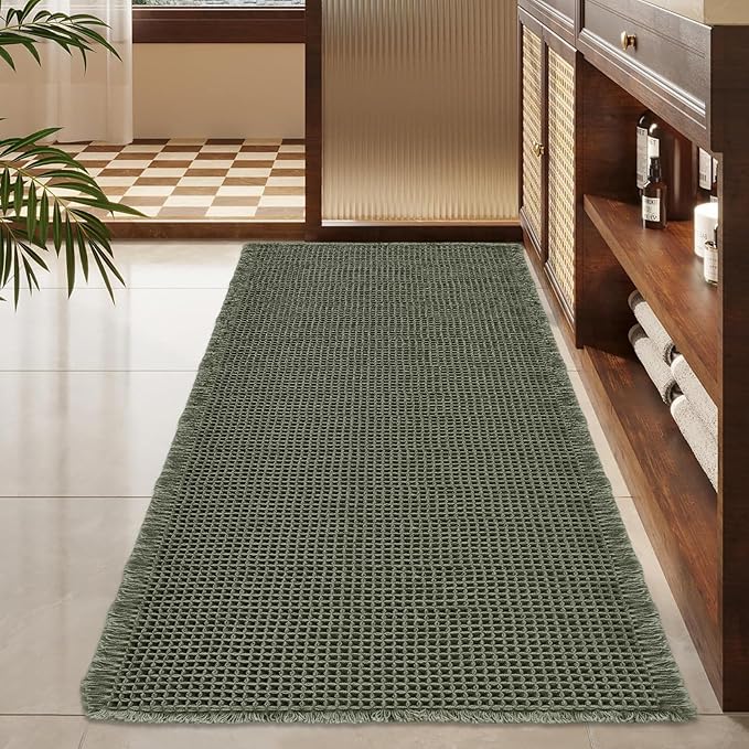 ZALL Waffle Bath Mat,Super Absorbent Non Slip Bathroom Rug,Dark Green 24x48inch,Machine Washable Ultra Soft Floor Mats