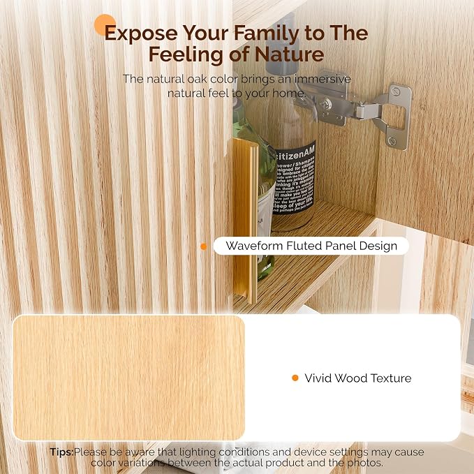 VINGLI Over The Toilet Storage Cabinet with Fluted Doors, Mid Century Modern Bathroom Organizer Over Toilet, Freestanding Wooden Space Saver Stand with Adjustable Shelves, Natural Oak