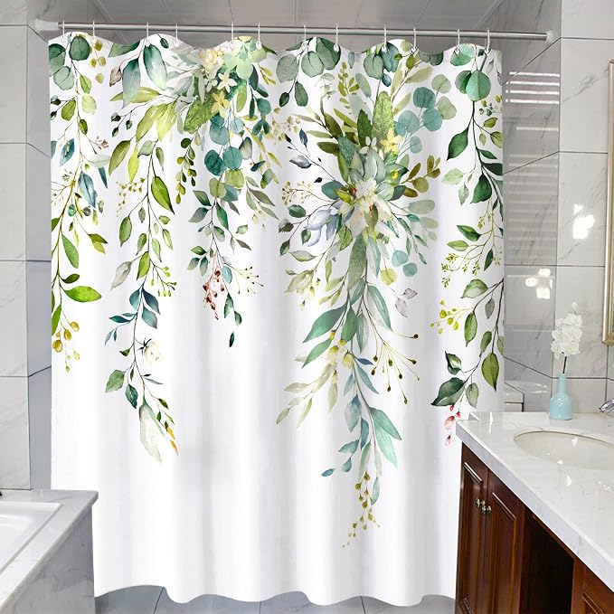 Green Eucalyptus Shower Curtain Watercolor Floral Plant Leaf Shower Curtains for Bathroom Sage Botanical Flower Waterproof Fabric Bath Curtain Decor with Hooks (Green, 72'' x 72'')