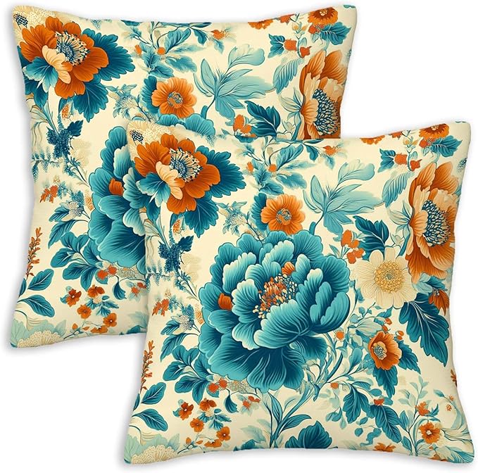 Turquoise Floral Throw Pillow Covers Set of 2 | Teal Vintage Flower Pillow Cases for Home Decor | Decorative Square Cushion Cases for Sofa and Chair | 18x18 Inches