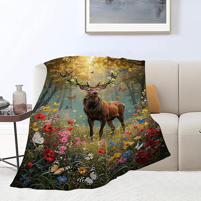 Forest Deer Blanket Hunting Elk Throw Blanket Wildlife Soft Cozy Fleece Fuzzy Stuffed Plush Flannel Gifts for Girls Women Boys Kids Adults 40''x50''