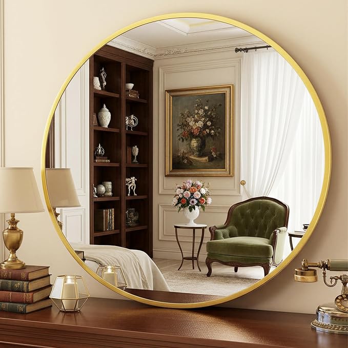 Antok 30 Inch Round Mirror for Wall, Round Bathroom Mirror, Circle Wall Mirrors with Gold Metal Frame, Circle Mirrors Suitable for Wall, Bathroom, Vanity, Living Room, Entryway
