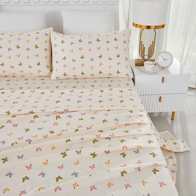 Brandream Bed Sheets for Queen Size Bed, 4 Pieces 100% Egyptian Cotton Farmhouse Sheet Set Butterfly Print Bed Deep Pockets (Cream Ivory)