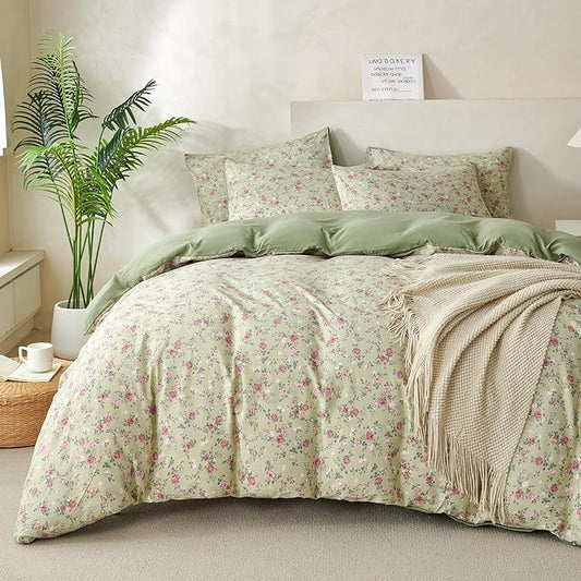 Queen Comforter Set Floral Soft 3 Pieces Chic Crinkle Gauze Fabric Garden Style Floral Print Botanical Comforter for All Seasons Luxury Warmth Comfy Breathable with 2 Pillowcases