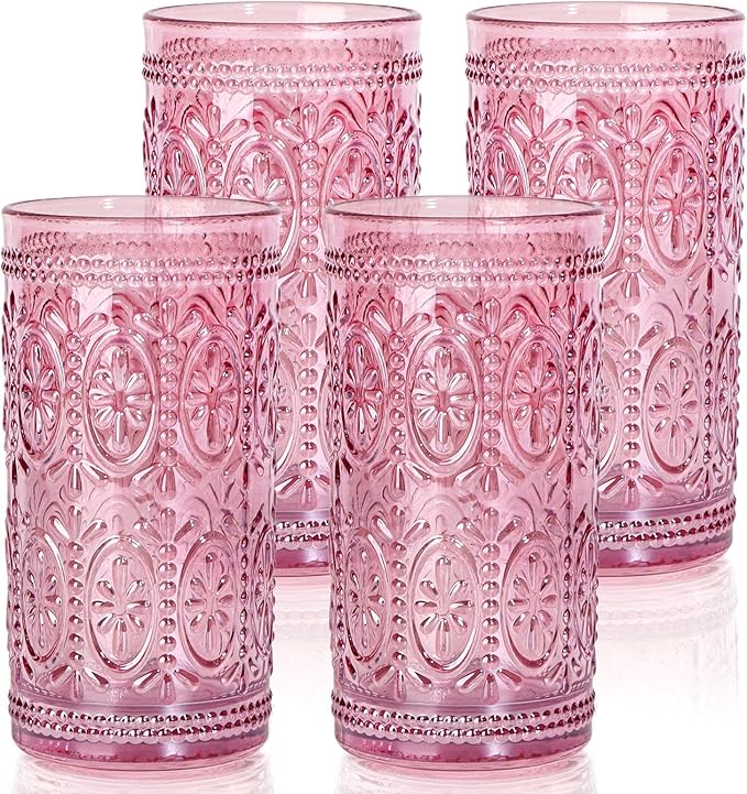 abrwyy Drinking Highball Beverage Glass Cup, Vintage Drinking Glasses, Colored Glassware Set for Party Wedding Home Office Gift, Set of 4 ,Pink