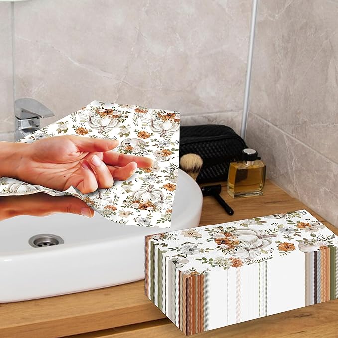 100pcs Thanksgiving White Pumpkin Paper Napkins 3 Ply Disposable Fall Pumpkin Guest Napkins Hand Towels for Bathroom Home Kitchen Table Harvest Party
