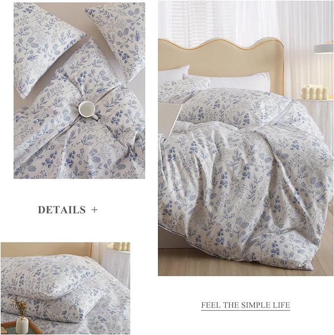 VM VOUGEMARKET Duvet Cover Full 3 PCS Blue Floral Bedding Set Botanical Printed on White Duvet Cover Soft Cotton Comforter Cover with Zipper Closure 4 Ties for Teen Girls-80x90 Inch