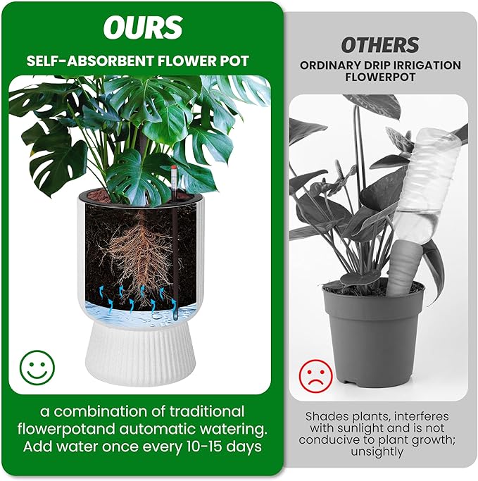 14.2" Tall Planters Set of 2, Plant Pots, Self Watering Pots for Indoor Plants, Flower Pots With Built-In Drainage and a Water Level Monitor, for Patio, Porch, Living Room, or Office, Marble White