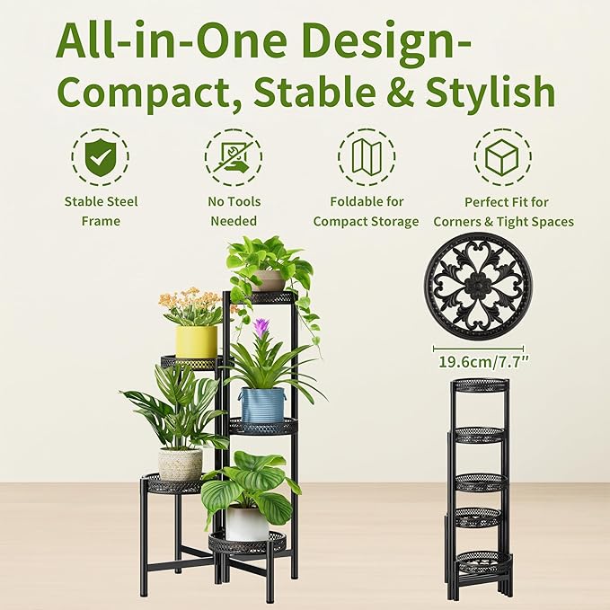 Plant Stand Indoor Outdoor, 5 Tier Corner Metal Flower Display Holder Shelf, Folding Tall Rack for Patio Balcony Porch Garden Living Room House, Heavy Duty Wrought Iron Plant Shelf- BlackWave