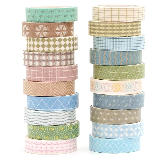 Songdao 20 Rolls Basic Washi Tape Set Japanese Arts Adhesive Tapes Simple Patterns Decorative Masking Tape Sets for Craft, Kids, Scrapbook, DIY, Gift Wrapping (Style Four)